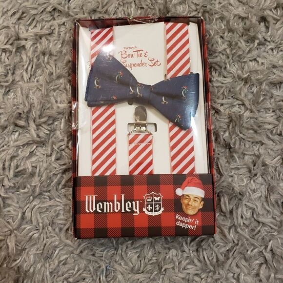 NEW Wembley Candy Cane BOW TIE &  Polka Dot SUSPENDER SET Men's - Picture 1 of 2